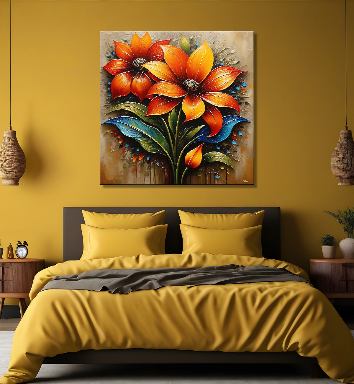 Orange flowers with brown textured painting- Flower-S-613