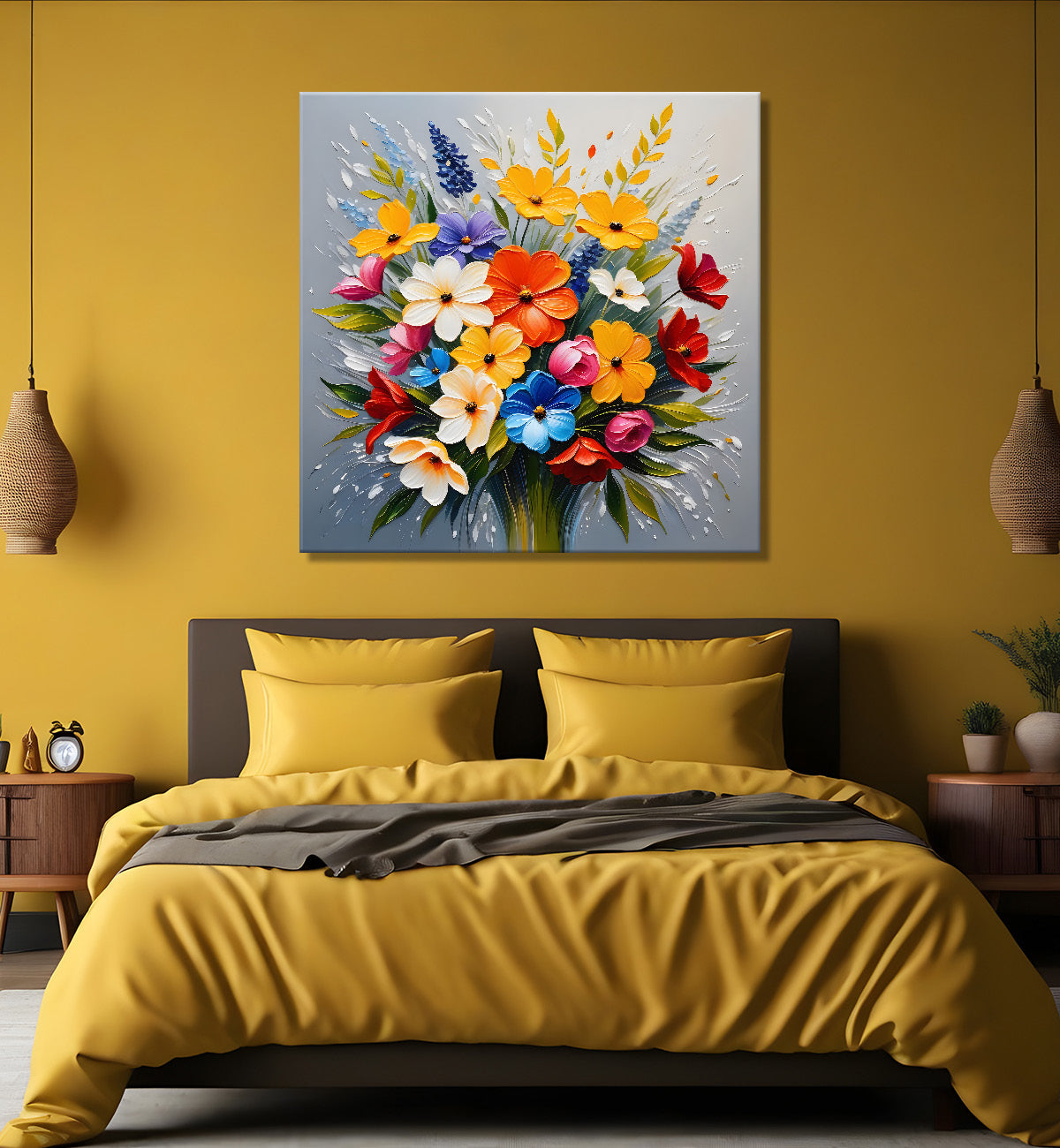 Colourful flowers with grey textured painting - Flower-S-615