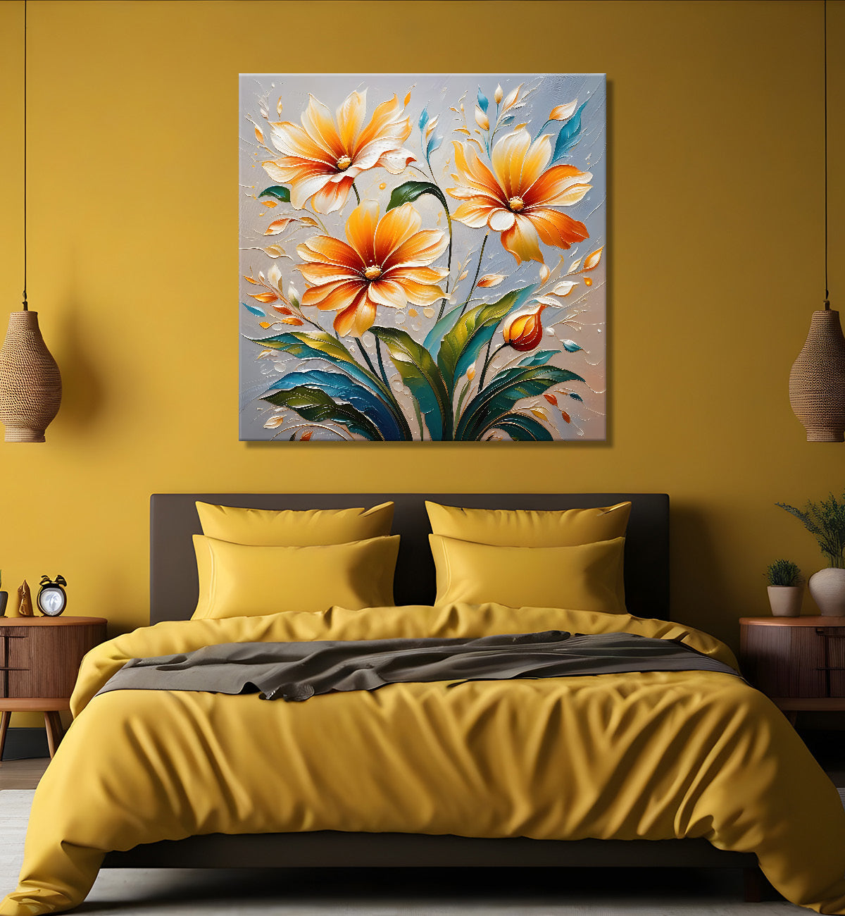 Yellow flowers with grey textured painting - Flower-S-617