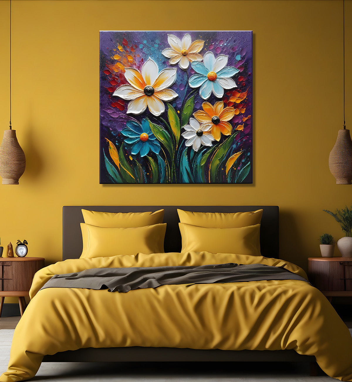 Colourful flowers with purple textured painting - Flower-S-619