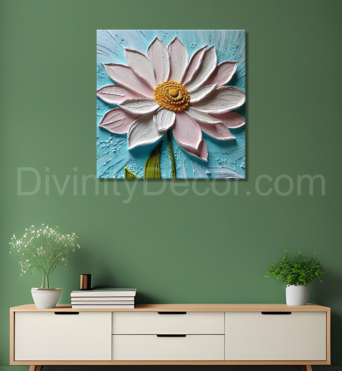 Pink flower in blue background textured painting  - Flower-S-1
