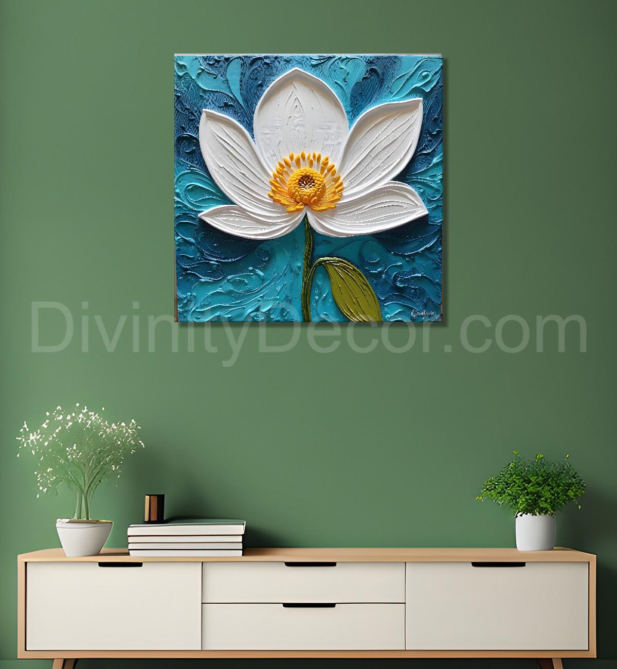 White flower in blue background textured painting - Flower-S-2