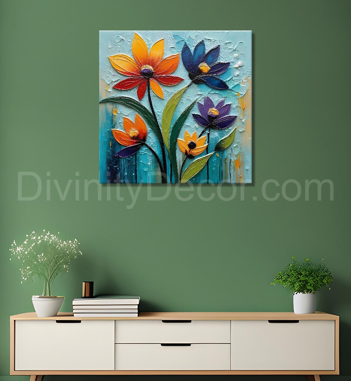 Colourful flowers in blue background textured painting  - Flower-S-4