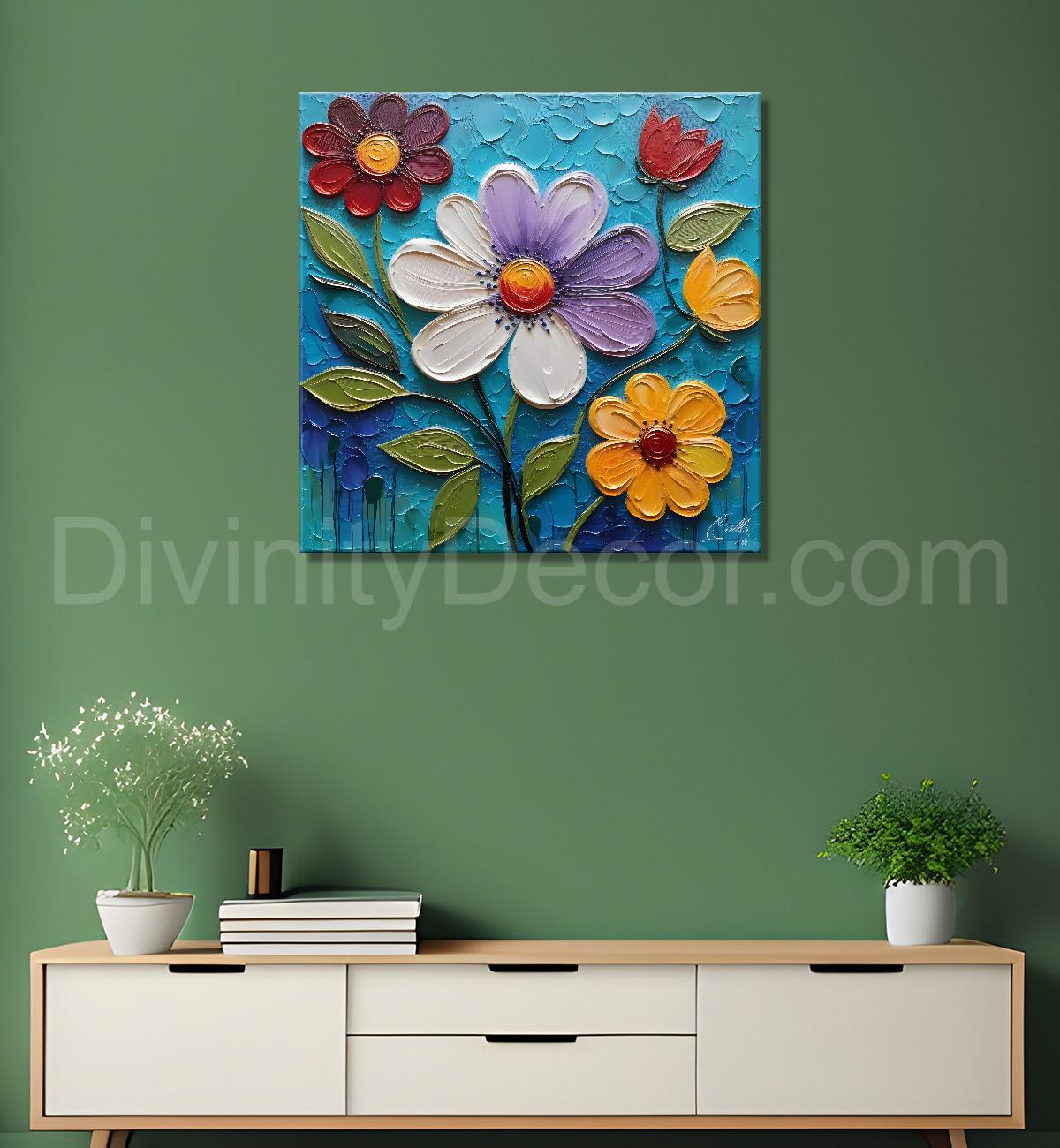 Colourful flowers in blue background textured painting  - Flower-S-6