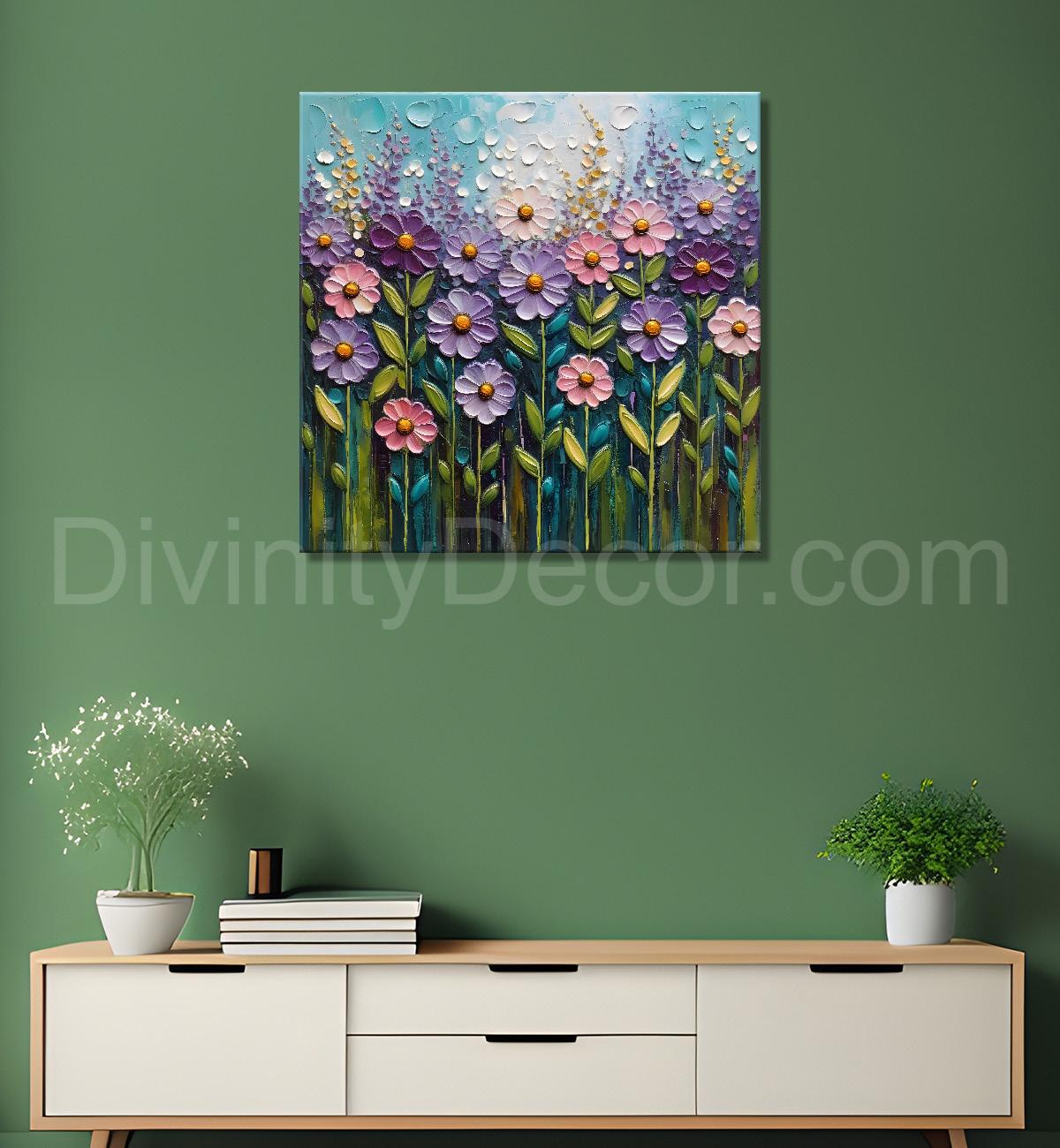 Purple flowers in blue background textured painting - Flower-S-7