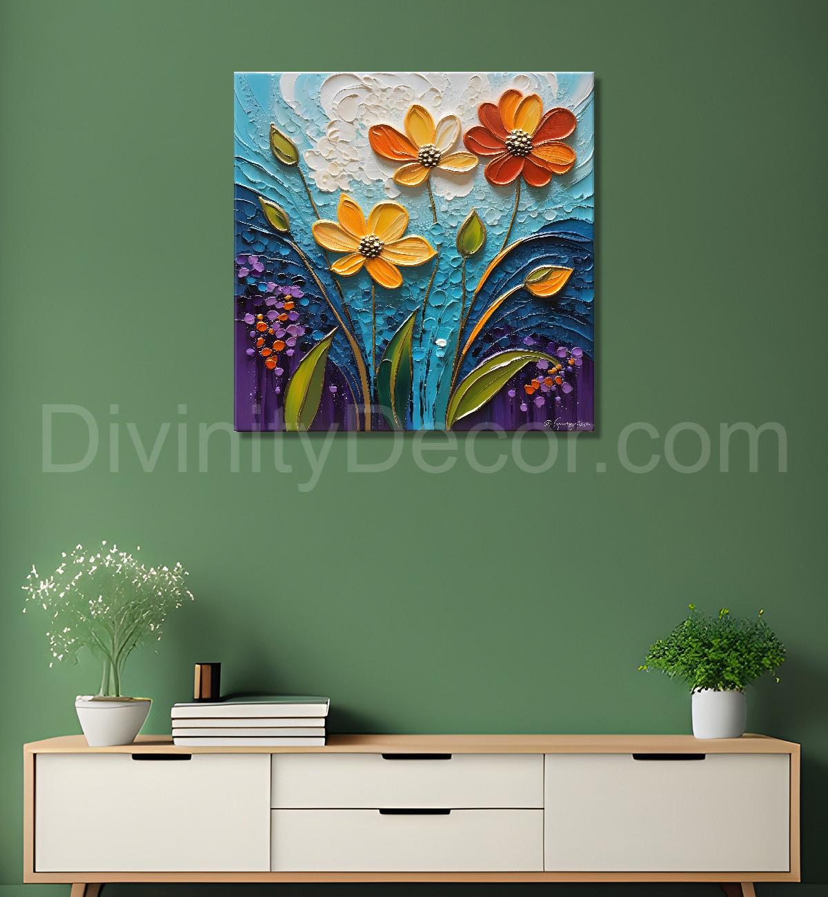 Colourful flowers in blue background textured painting  - Flower-S-8