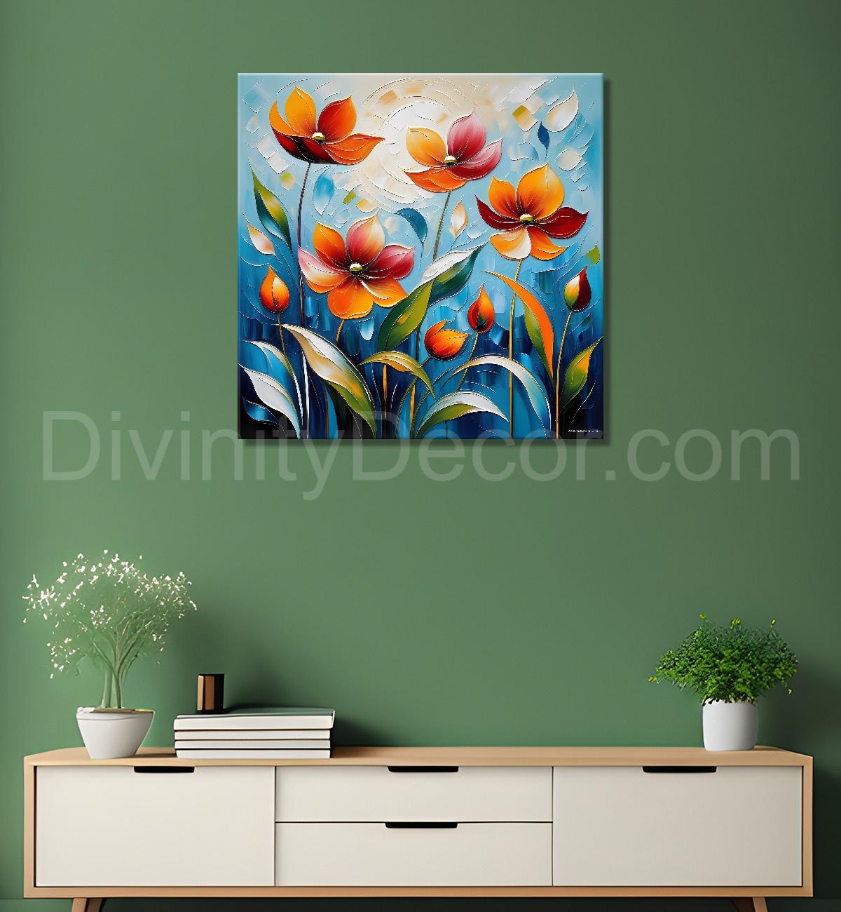 Orange flowers in blue background textured painting  - Flower-S-9