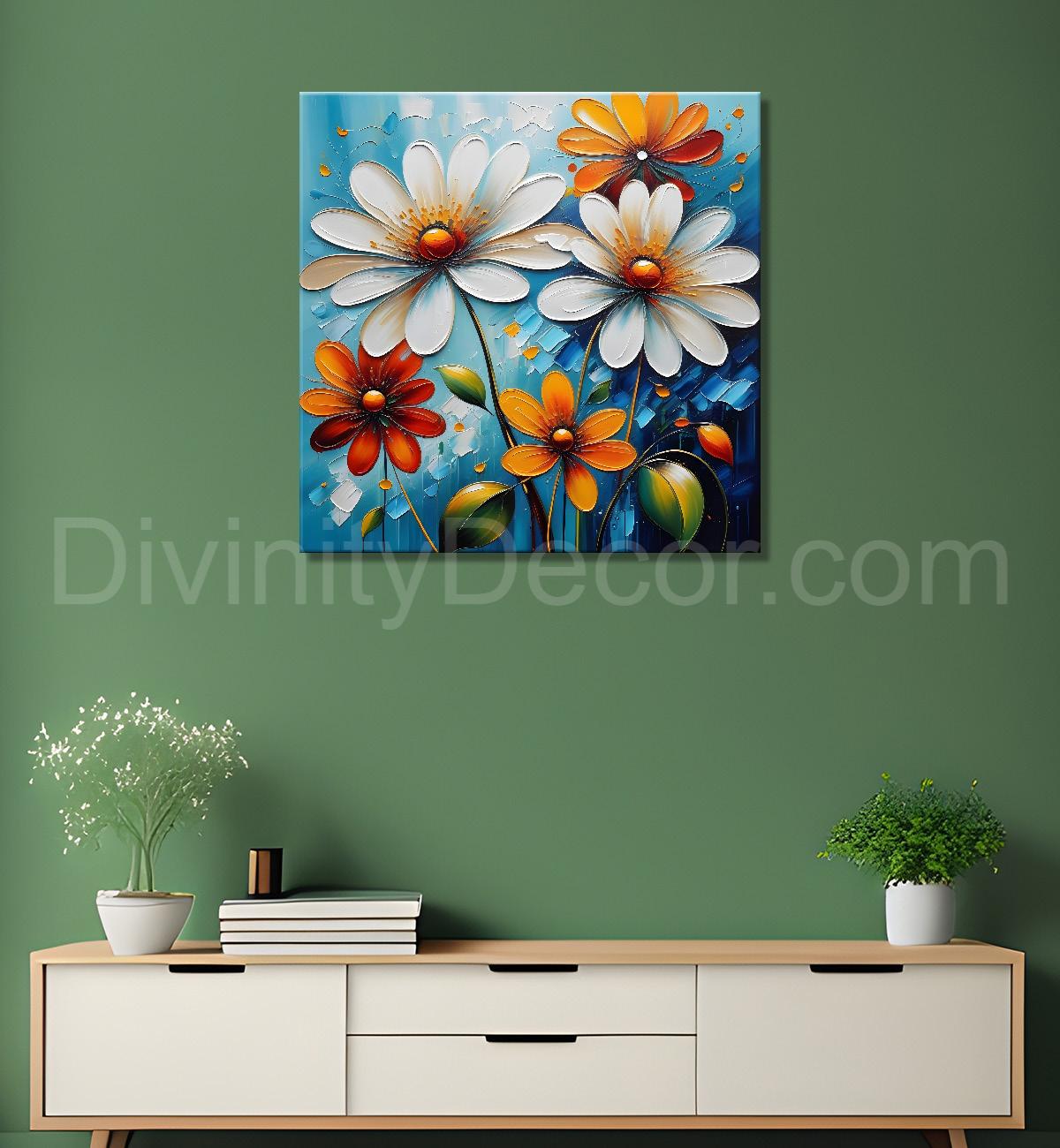 White and orange flowers in blue background textured painting  - Flower-S-10