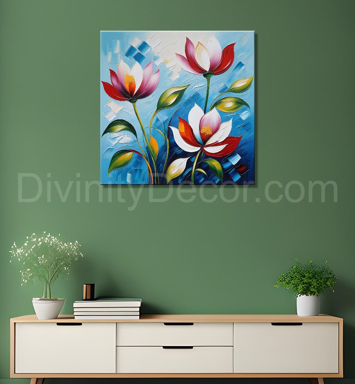Pink flowers in blue background textured painting - Flower-S-11