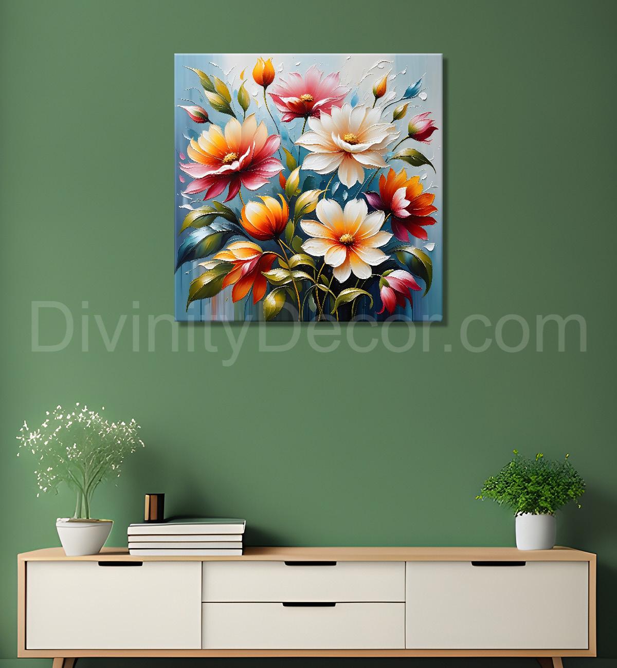 Colourful flowers in blue background textured painting - Flower-S-12