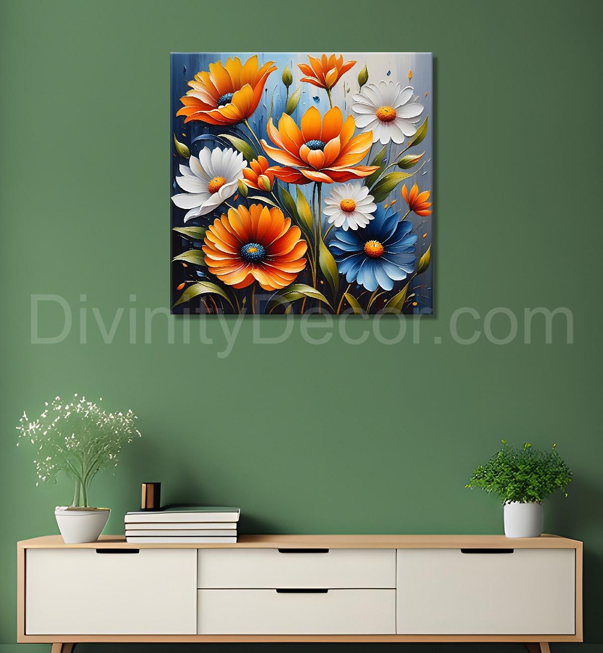 Yellow flowers in blue background textured painting  - Flower-S-13