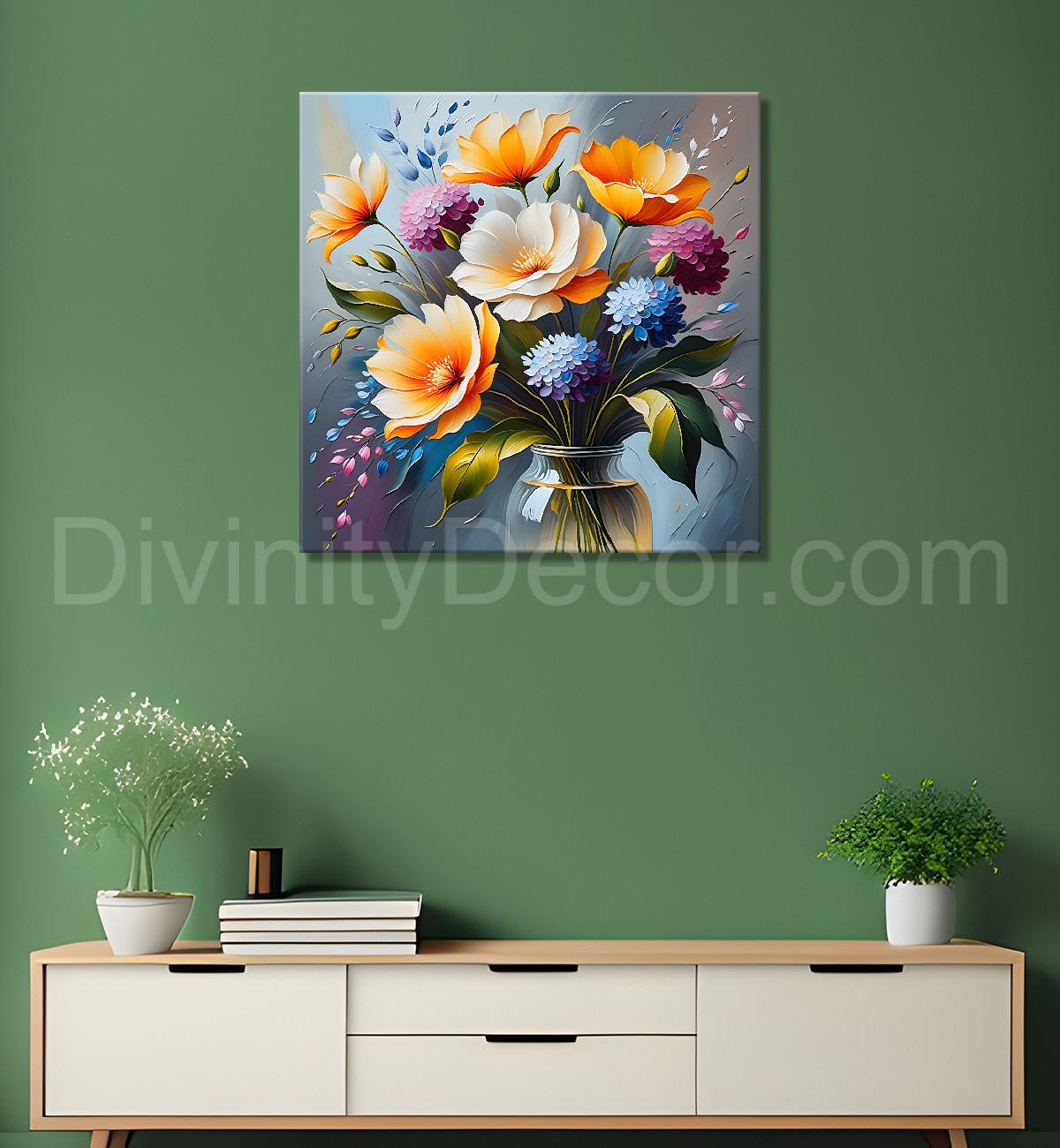 Yellow flowers in blue background textured painting - Flower-S-14