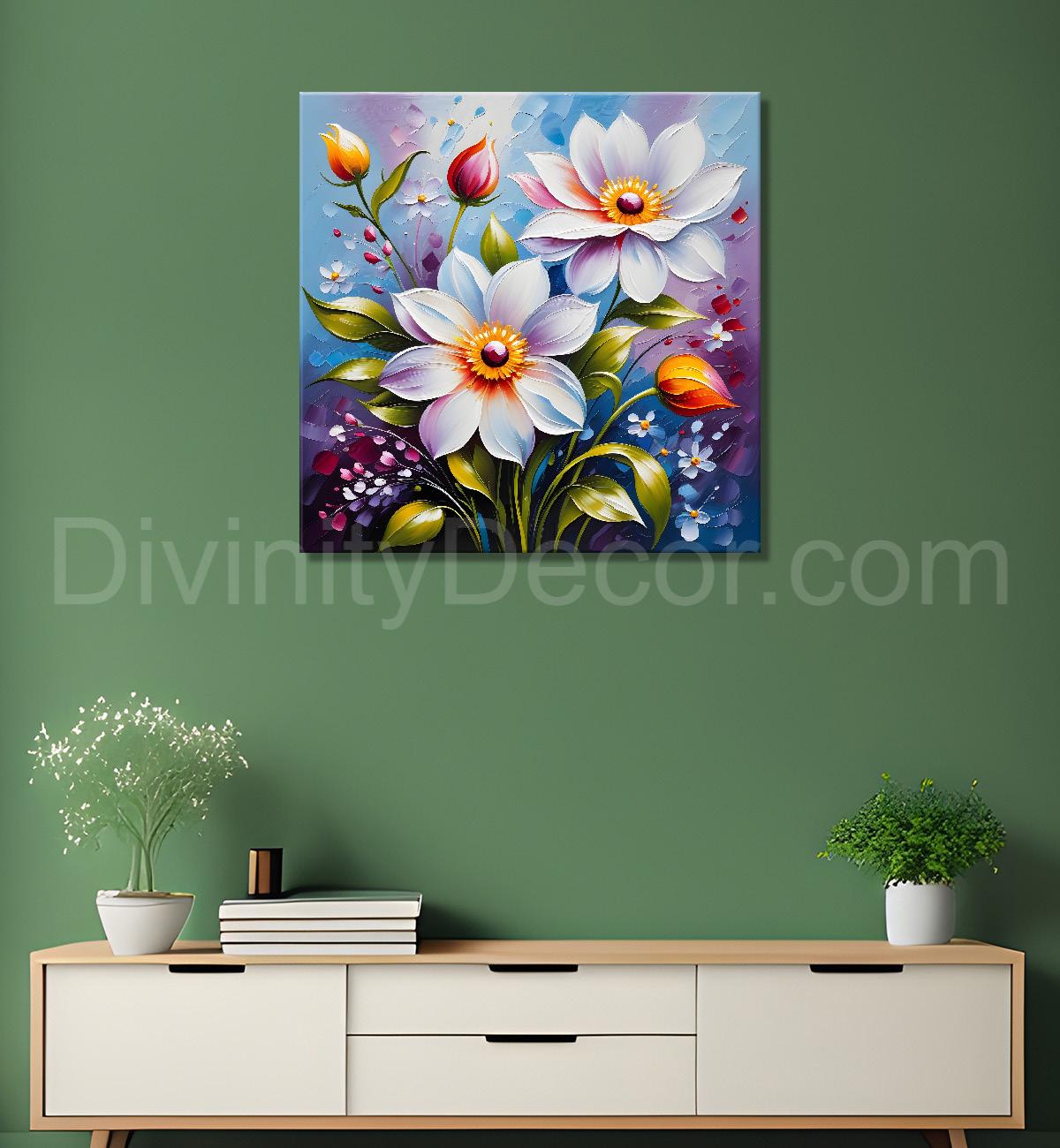 White flowers in blue background textured painting - Flower-S-15