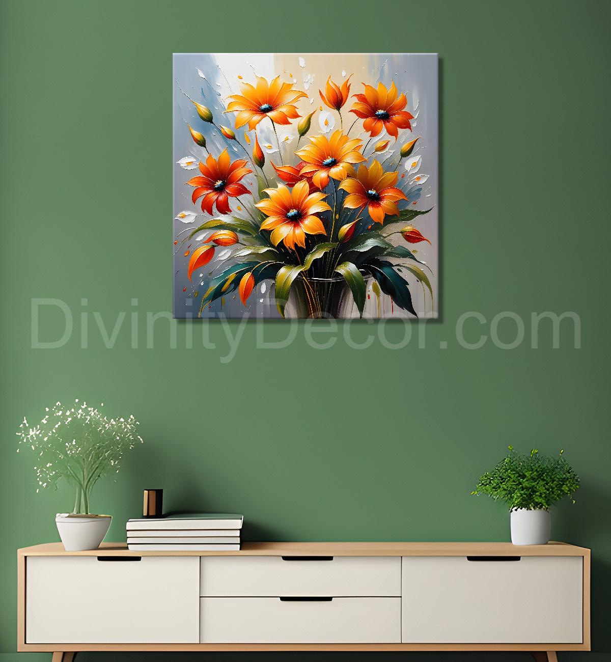 Yellow and orange flowers in grey background textured painting - Flower-S-16