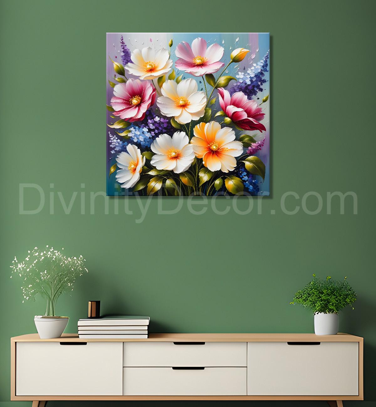 Pink flowers in blue background textured painting  - Flower-S-17