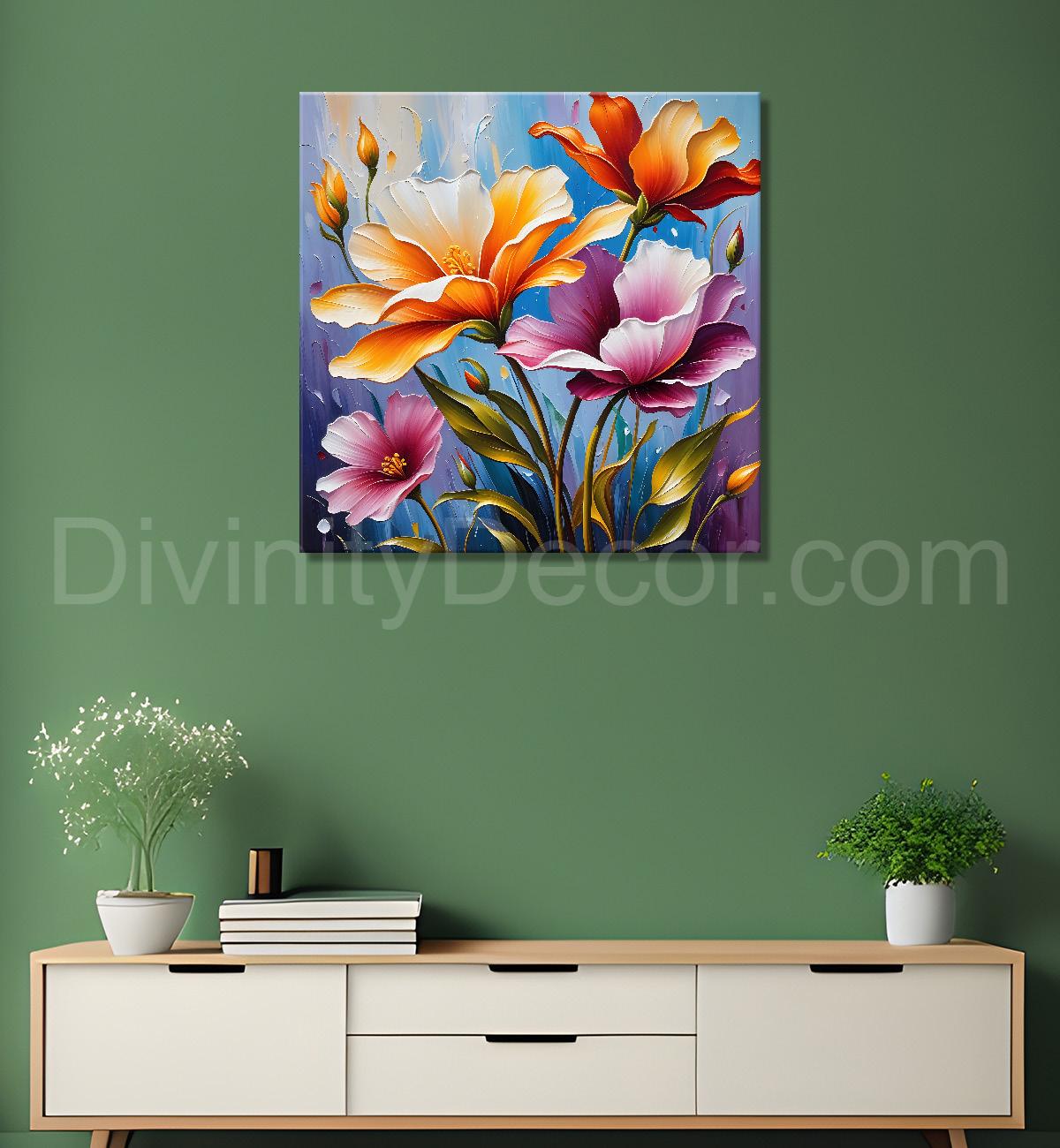 White and purple flowers in blue background textured painting - Flower-S-19