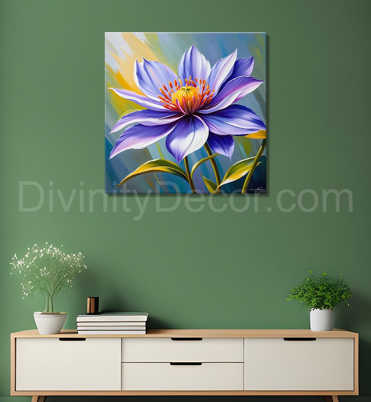 Purple flower in blue background textured painting - Flower-S-20