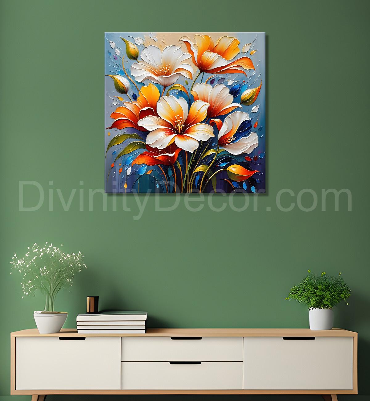 Peach flowers in blue background textured painting - Flower-S-21