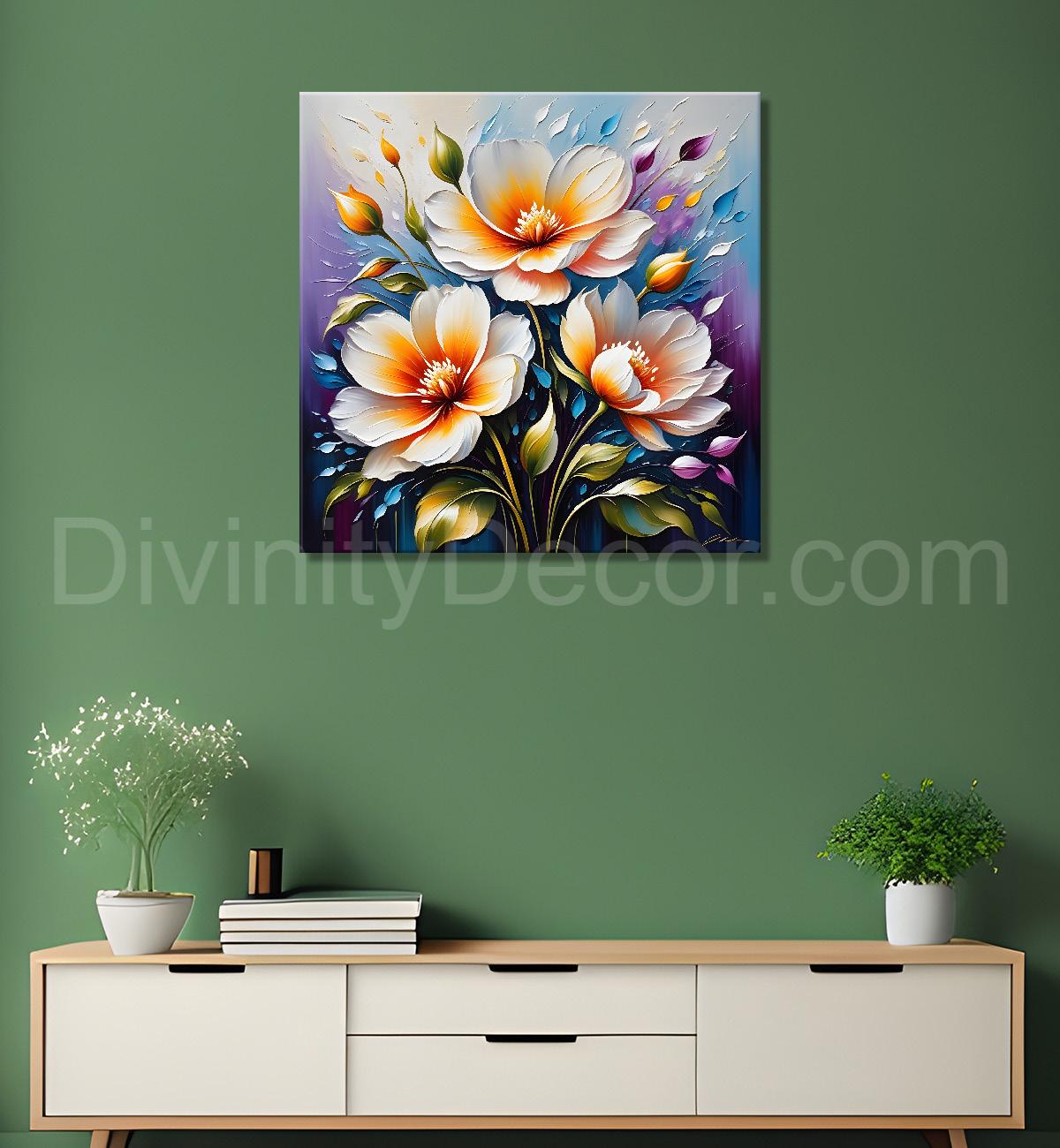 White and purple flowers in blue background textured painting - Flower-S-22