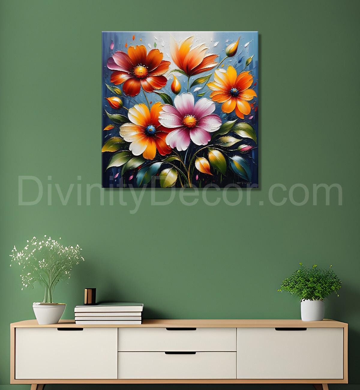 Colourful flowers in blue background textured painting - Flower-S-23