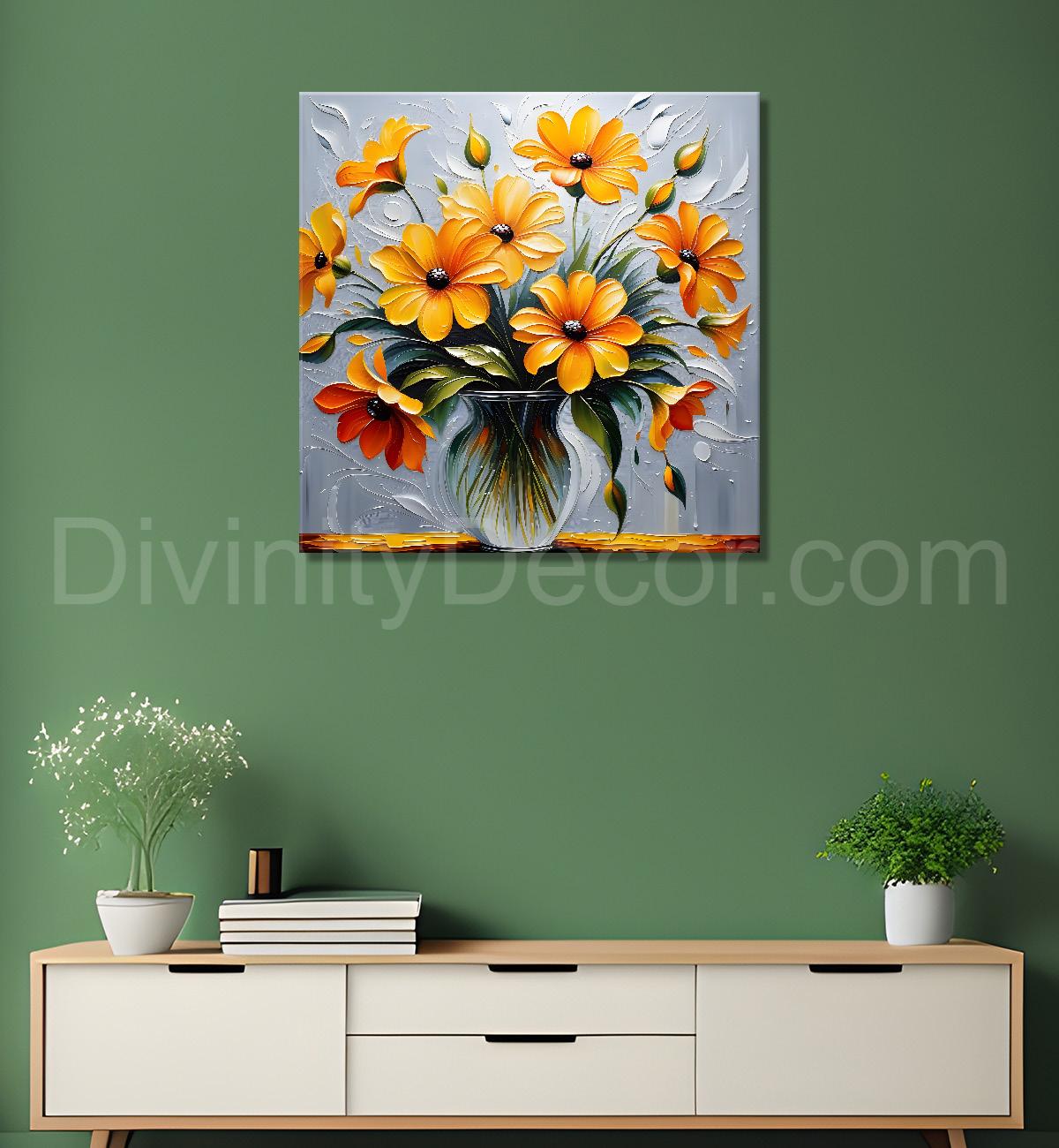 Yellow flowers in a vas with grey background textured painting - Flower-S-24