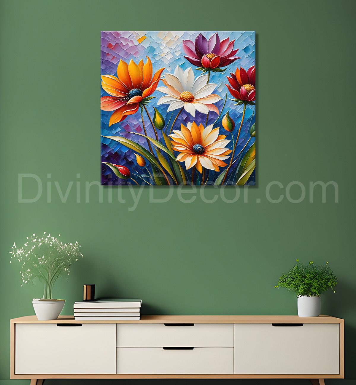 Colourful flowers in blue background textured painting - Flower-S-25
