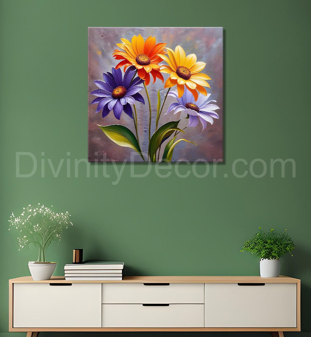 Colourful flowers in light brown background textured painting - Flower-S-26