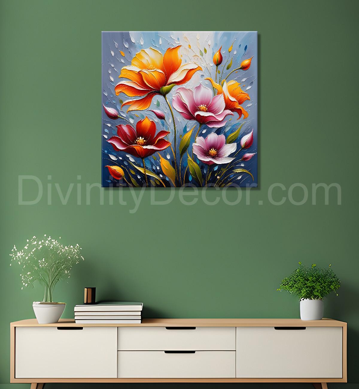 Colourful flowers in blue background textured painting - Flower-S-27