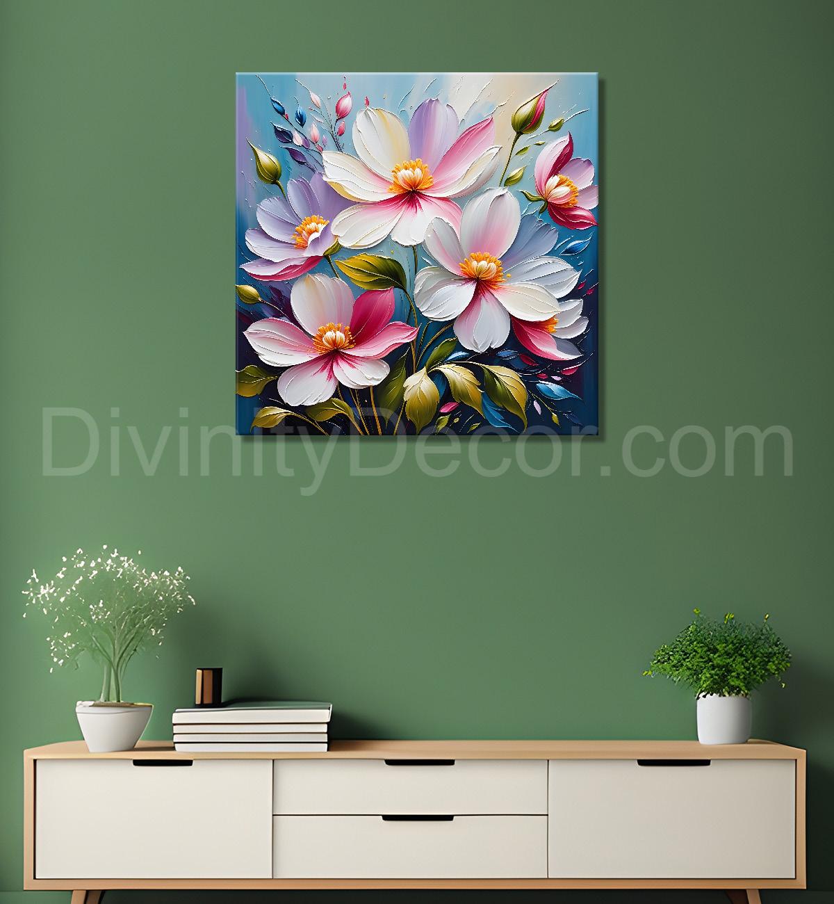 White flowers in blue background textured painting  - Flower-S-28