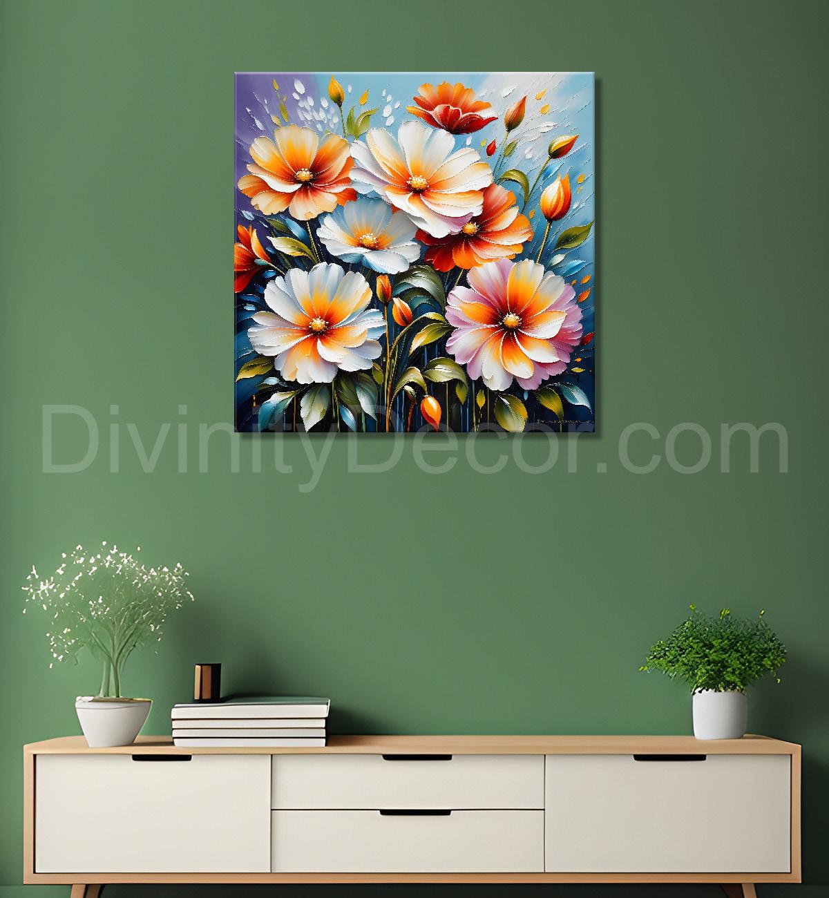 Peach flowers in blue background textured painting - Flower-S-29