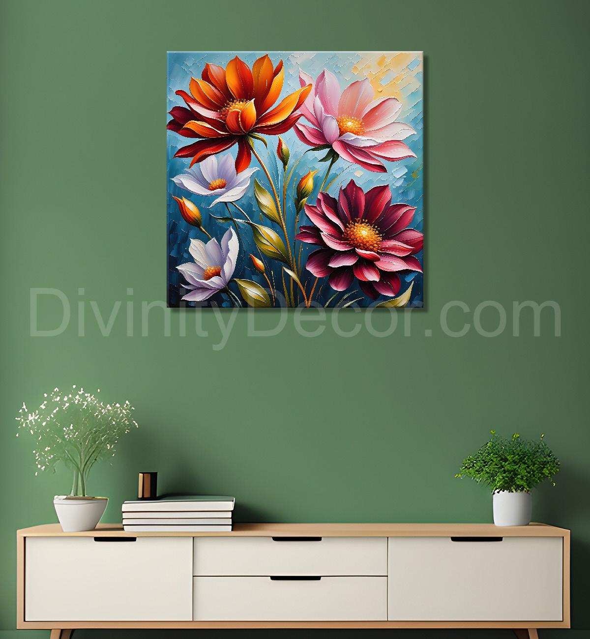 Red with pink flowers in blue background textured painting - Flower-S-30