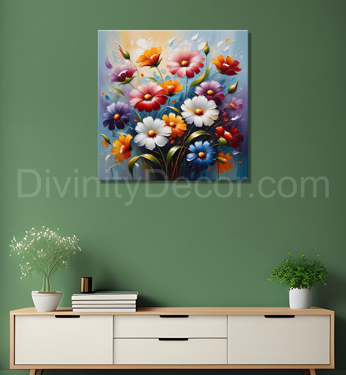 Colourful flowers in blue background textured painting  - Flower-S-31