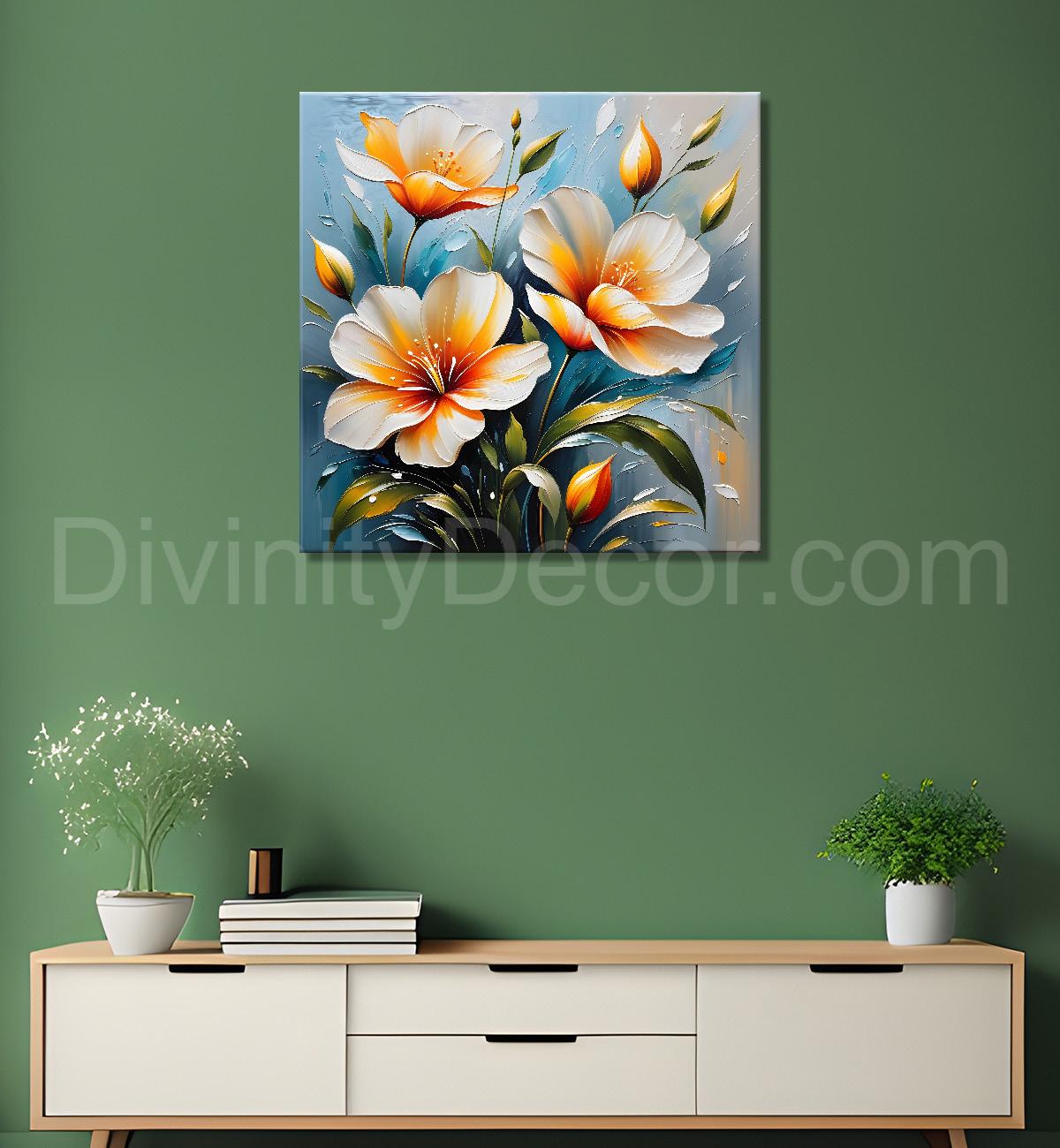 Peach flowers in blue background textured painting  - Flower-S-32