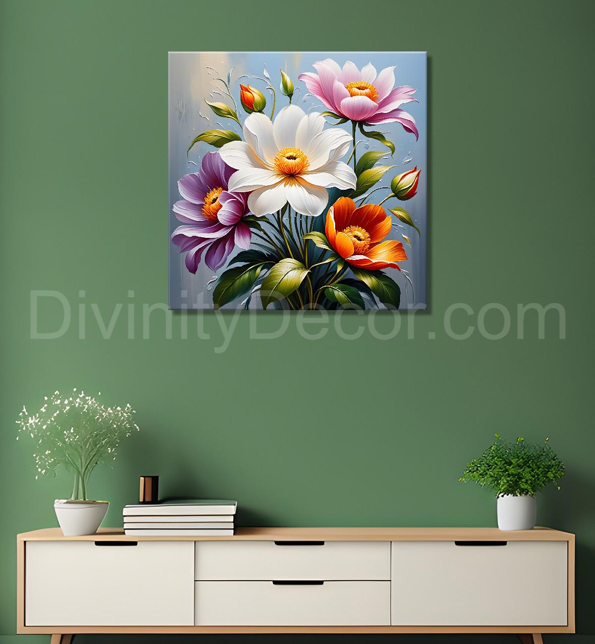 Colourful flowers in blue background textured painting  - Flower-S-33