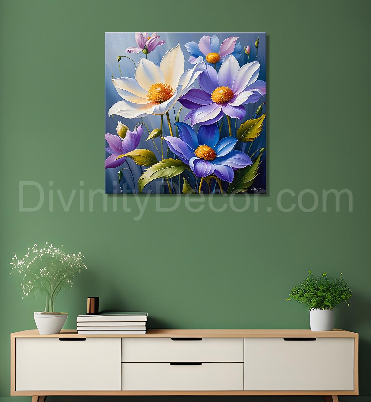 White and purple flowers in blue background textured painting  - Flower-S-35