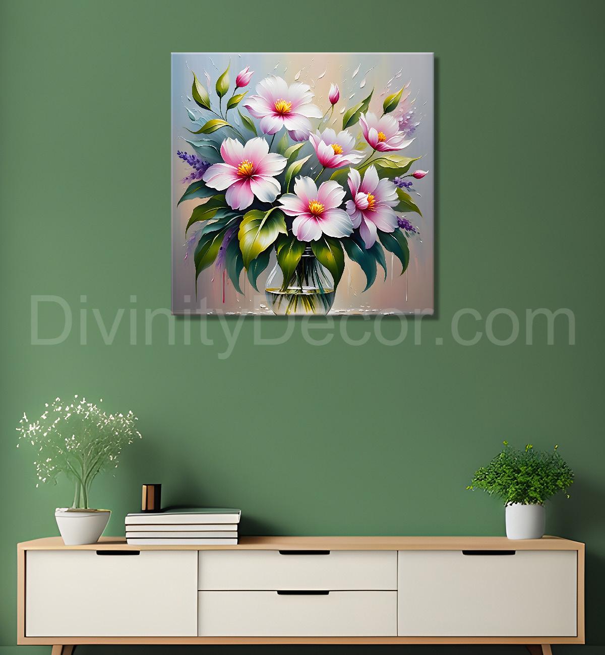 Pink flowers in blue background textured painting - Flower-S-36