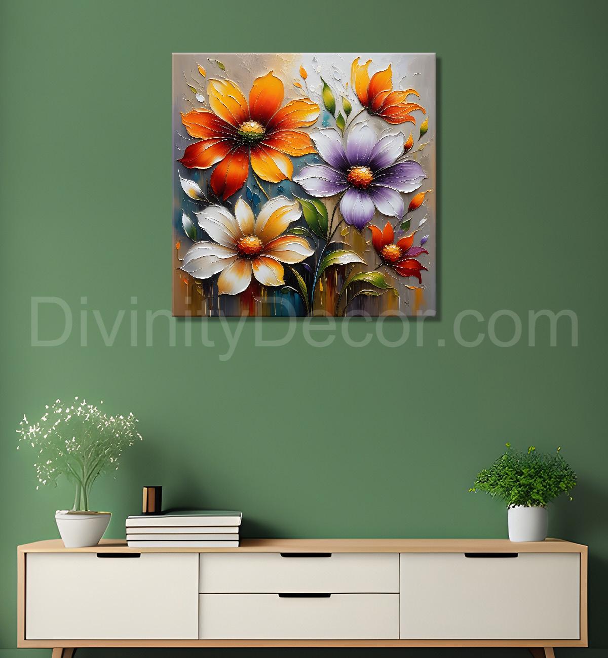 Colourful flowers in blue background textured painting - Flower-S-37