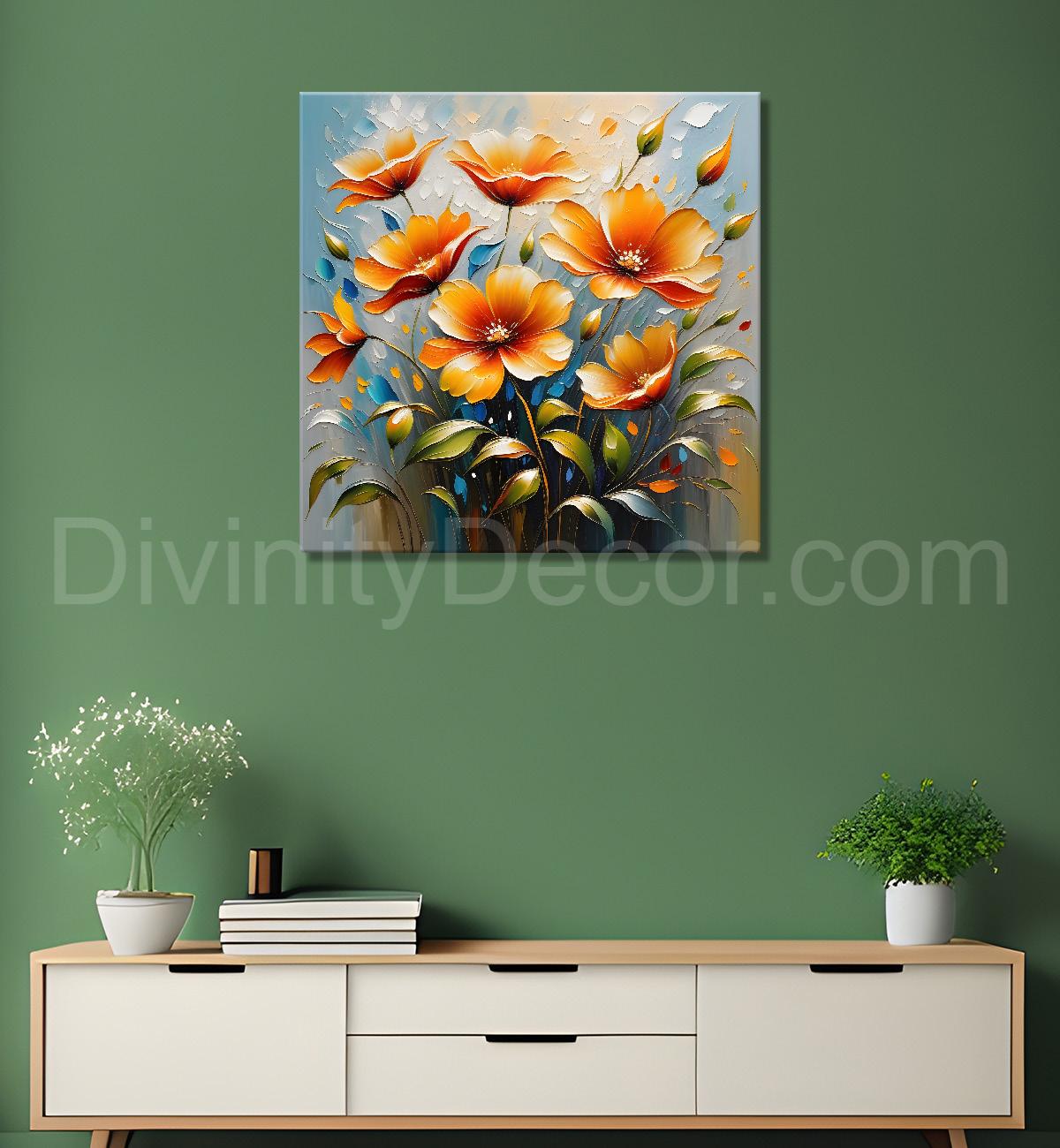 Orange flowers in blue background textured painting - Flower-S-38