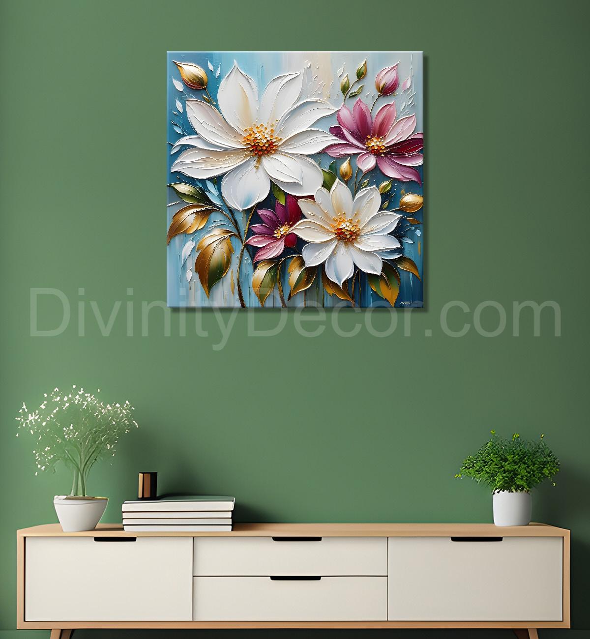 White and purple flowers in blue background textured painting  - Flower-S-40