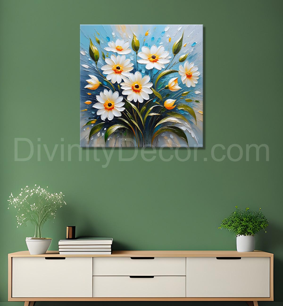 White flowers in blue background textured painting   - Flower-S-41