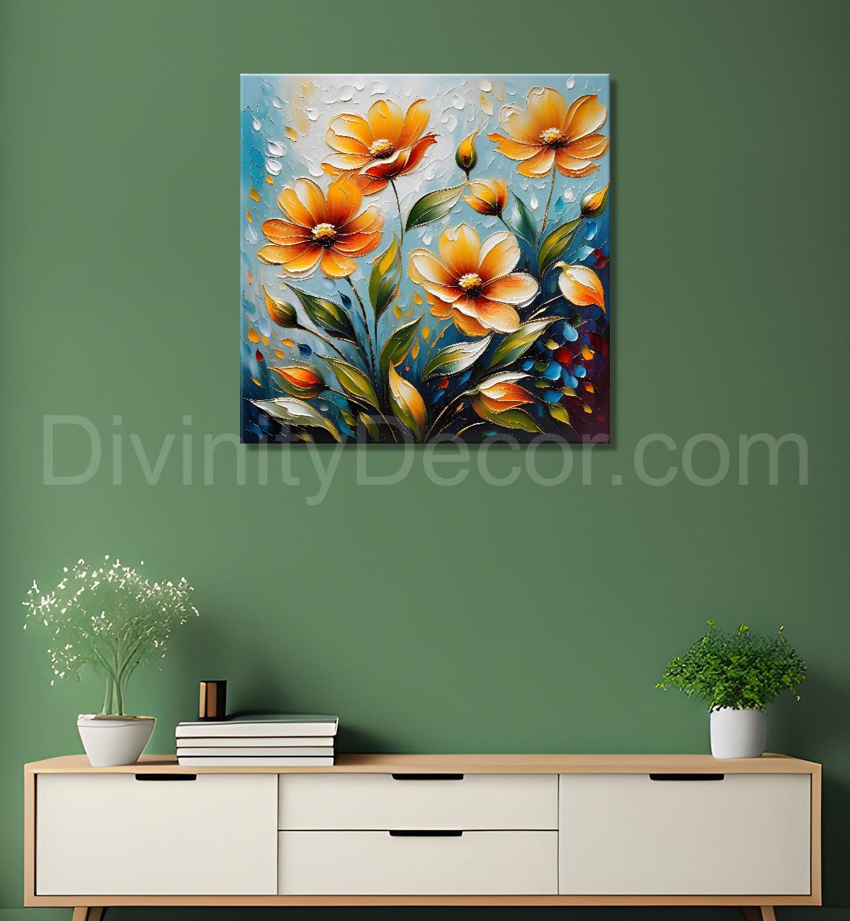 Yellow flowers in blue background textured painting  - Flower-S-42