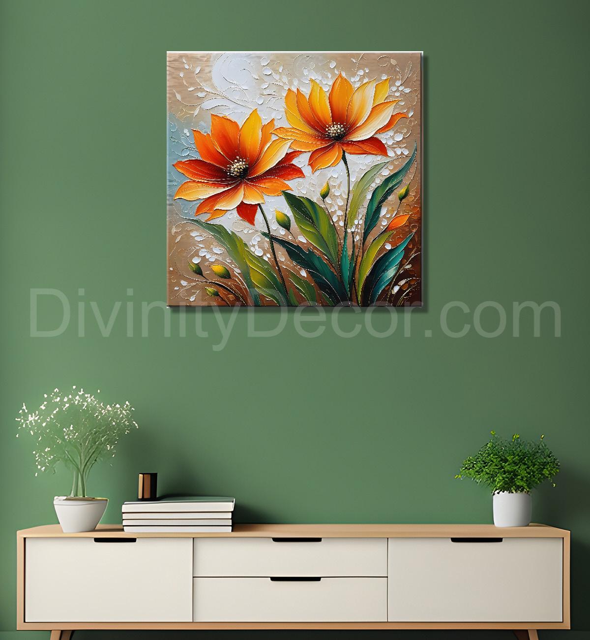 Orange flowers in light background textured painting - Flower-S-43