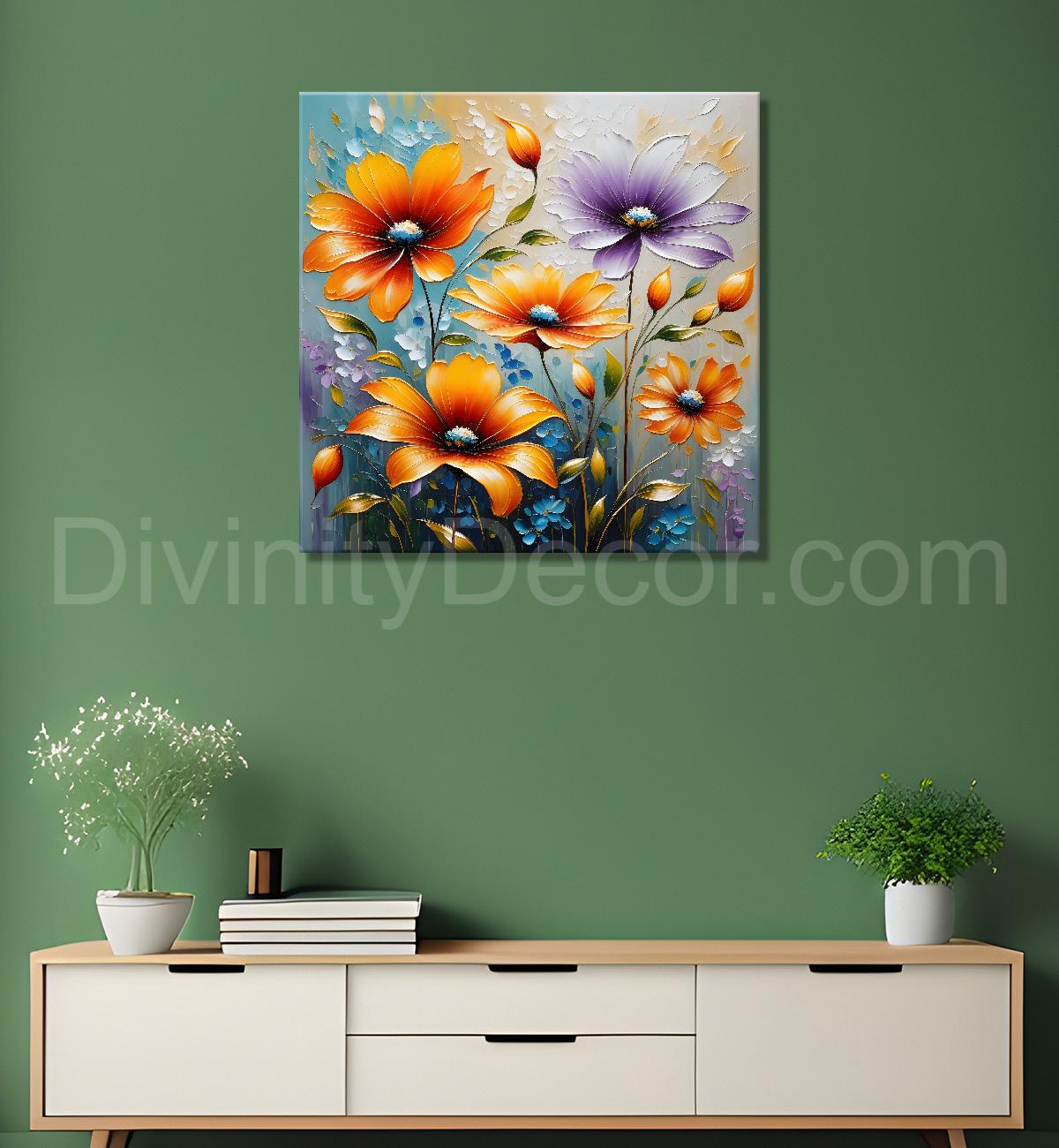 Yellow flowers in blue background textured painting - Flower-S-44
