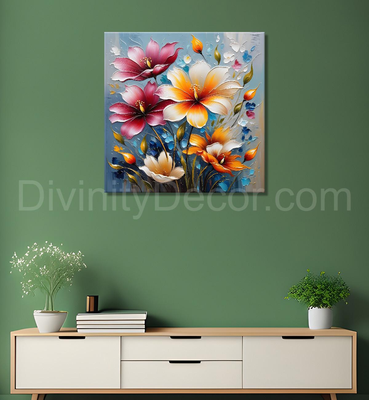 Colourful flowers in blue background textured painting  - Flower-S-45