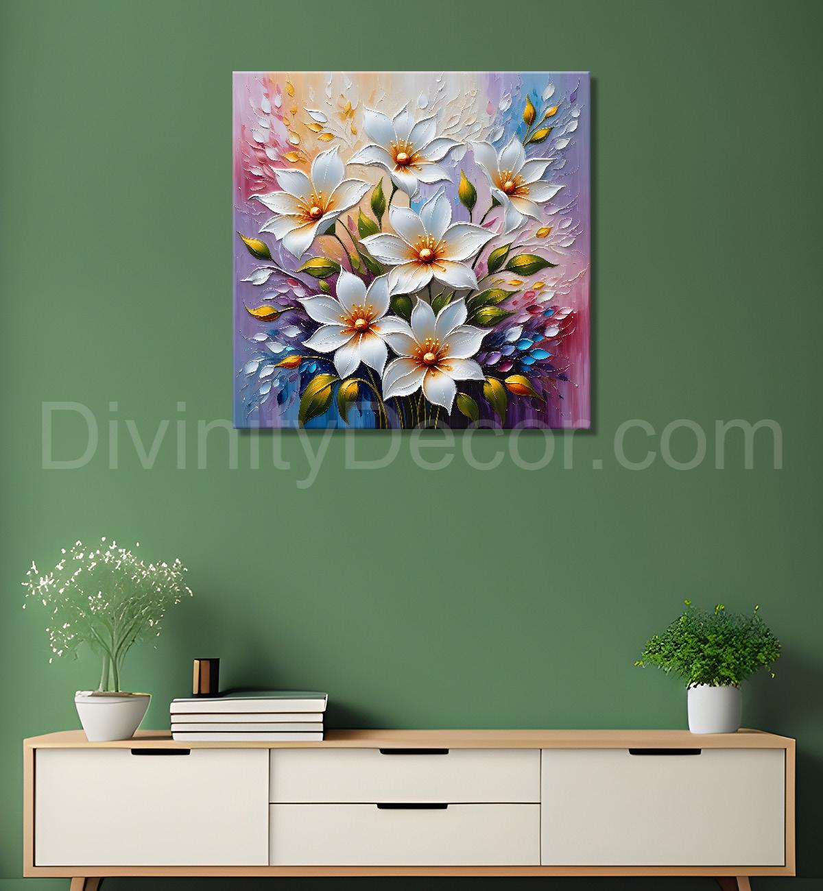 White flowers in colourful background textured painting - Flower-S-47
