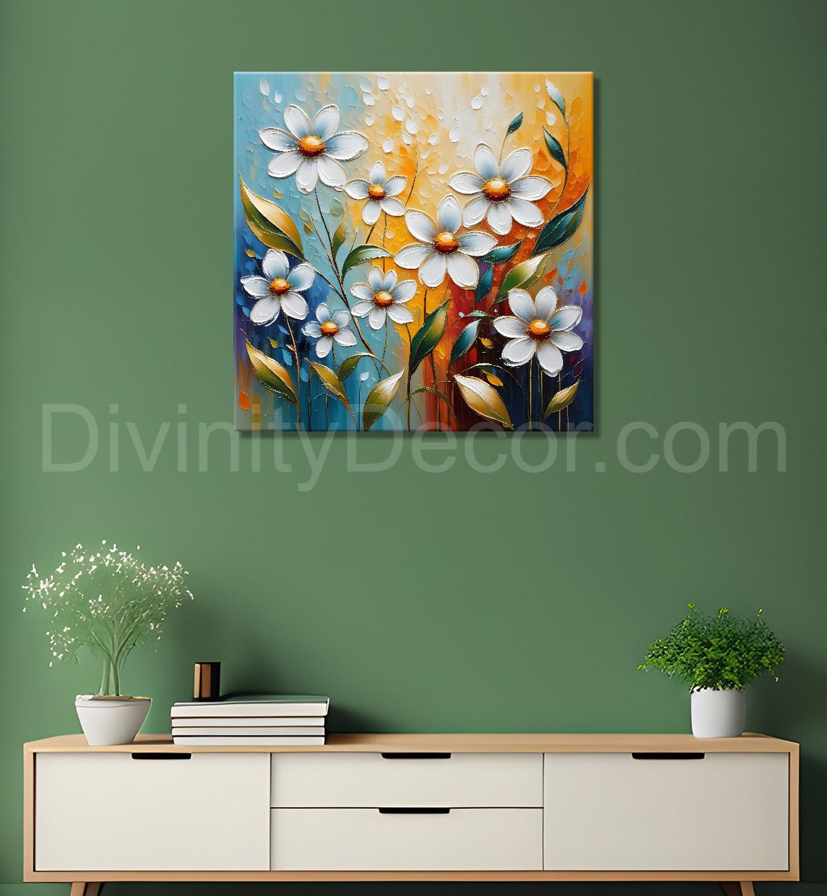 White flowers in colourful background textured painting  - Flower-S-48