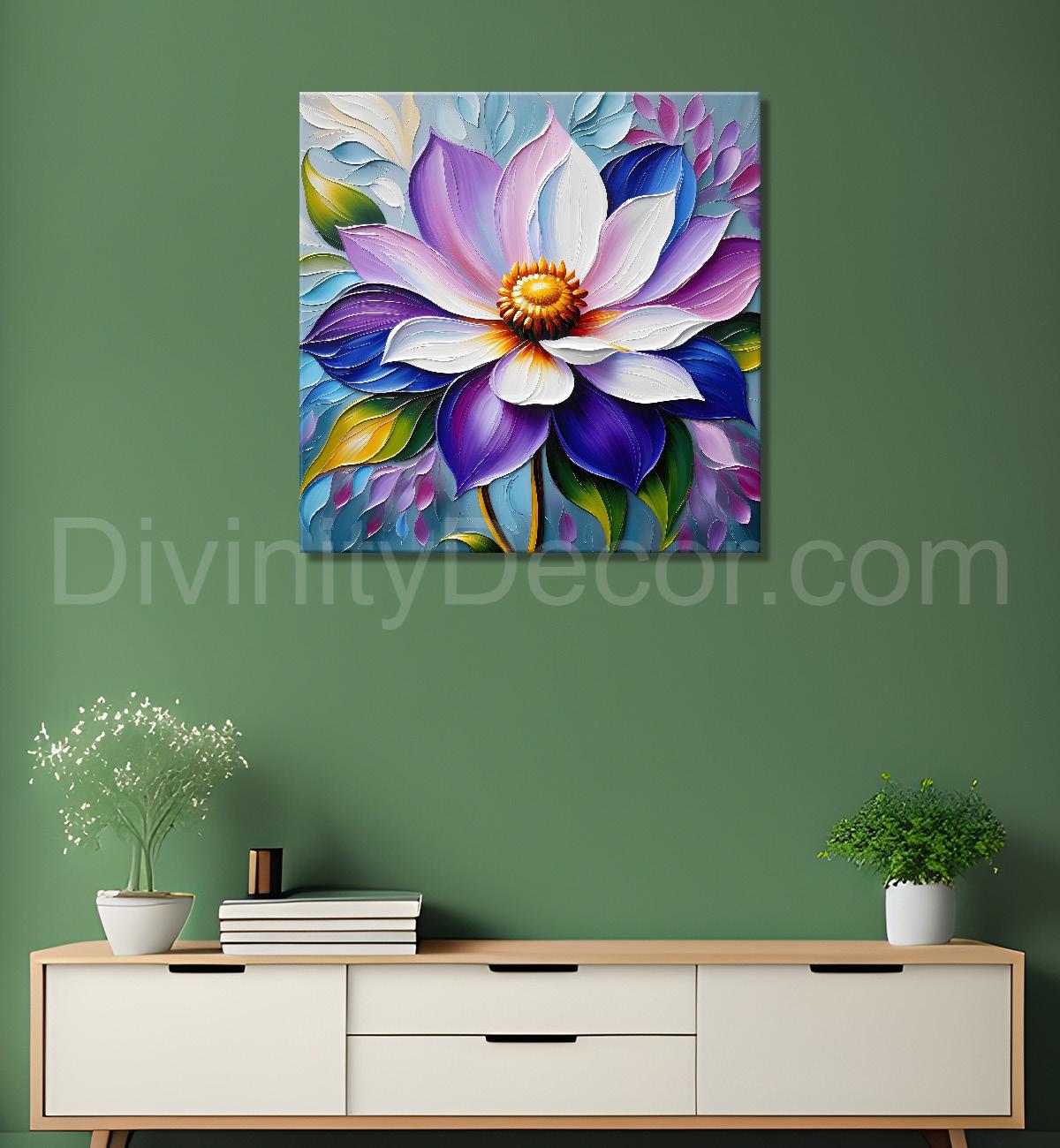 Purple flower in blue background textured painting - Flower-S-49