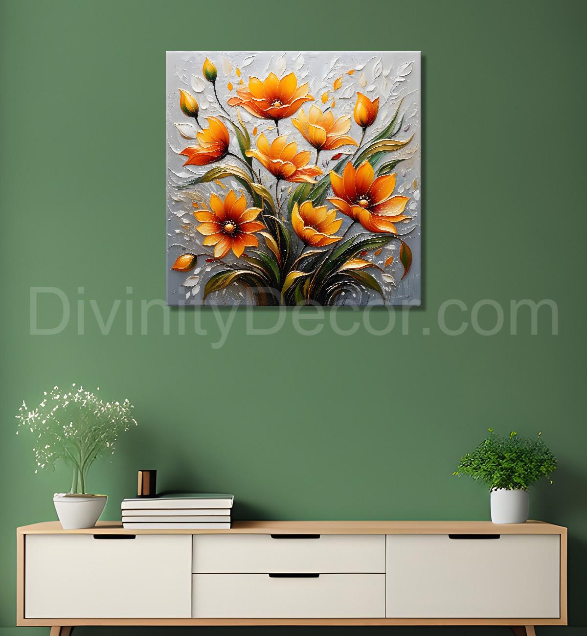 Orange flowers in light background textured painting - Flower-S-50