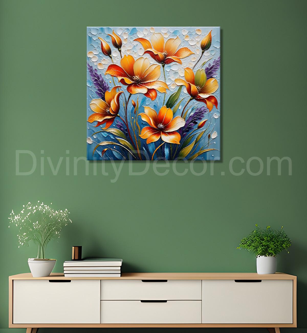 Orange flowers in blue background textured painting  - Flower-S-51
