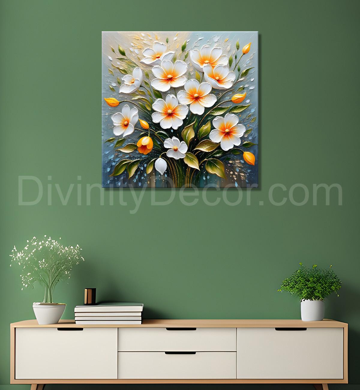White flowers in grey background textured painting - Flower-S-52
